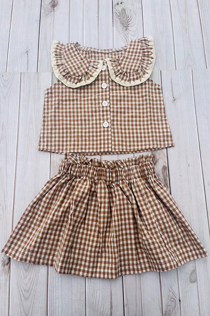 Trendy brown plaid top & skirt girls boutique set 2601067M