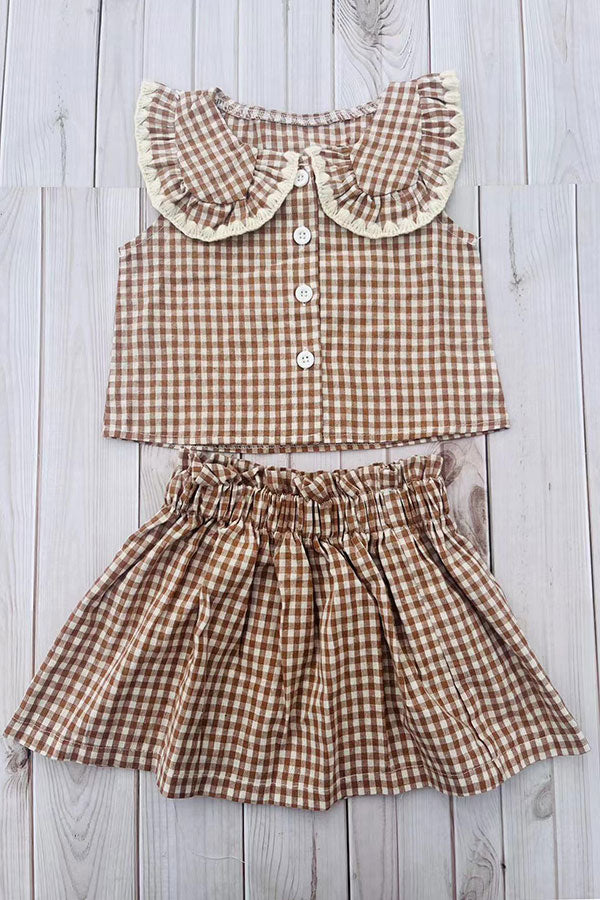 Trendy brown plaid top & skirt girls boutique set 2601067M