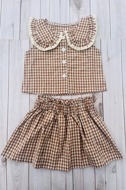 Trendy brown plaid top & skirt girls boutique set 2601067M