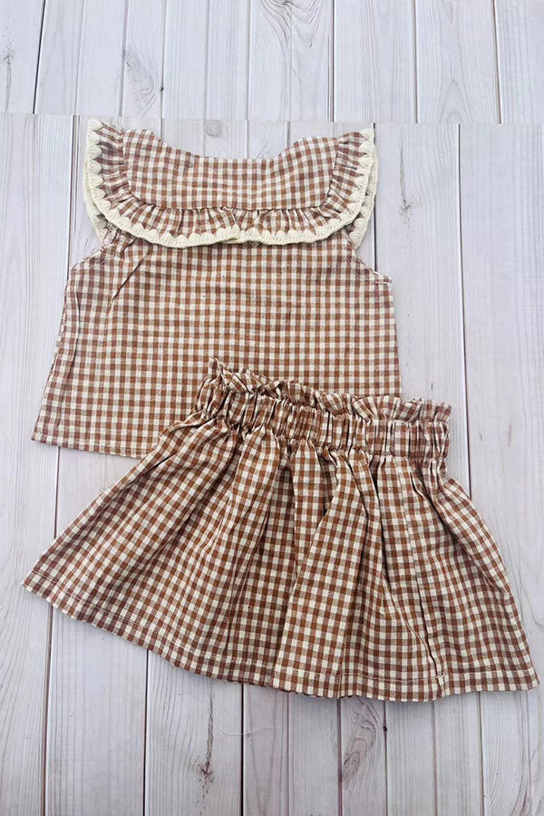 Trendy brown plaid top & skirt girls boutique set 2601067M
