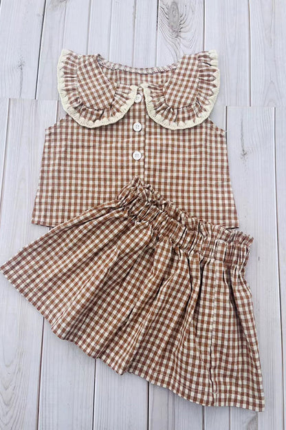 Trendy brown plaid top & skirt girls boutique set 2601067M