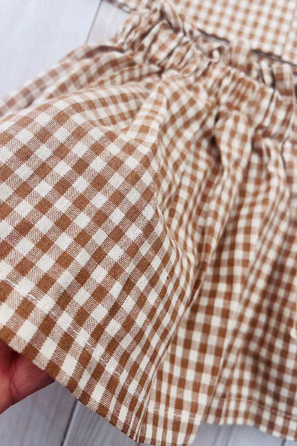 Trendy brown plaid top & skirt girls boutique set 2601067M