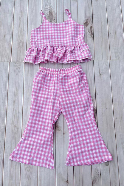 Trendy pink plaid top & bell bottom baby girls boutique set 2601072M