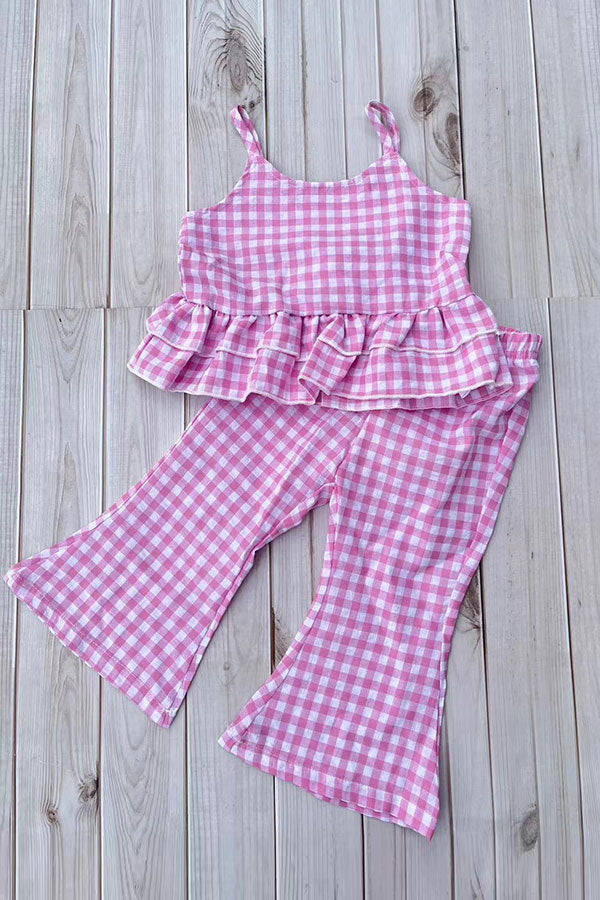 Trendy pink plaid top & bell bottom baby girls boutique set 2601072M