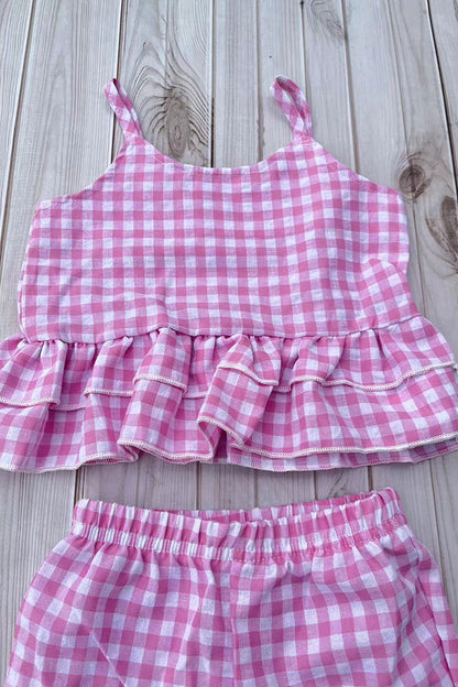 Trendy pink plaid top & bell bottom baby girls boutique set 2601072M