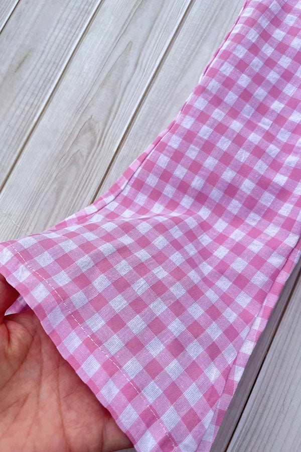 Trendy pink plaid top & bell bottom baby girls boutique set 2601072M