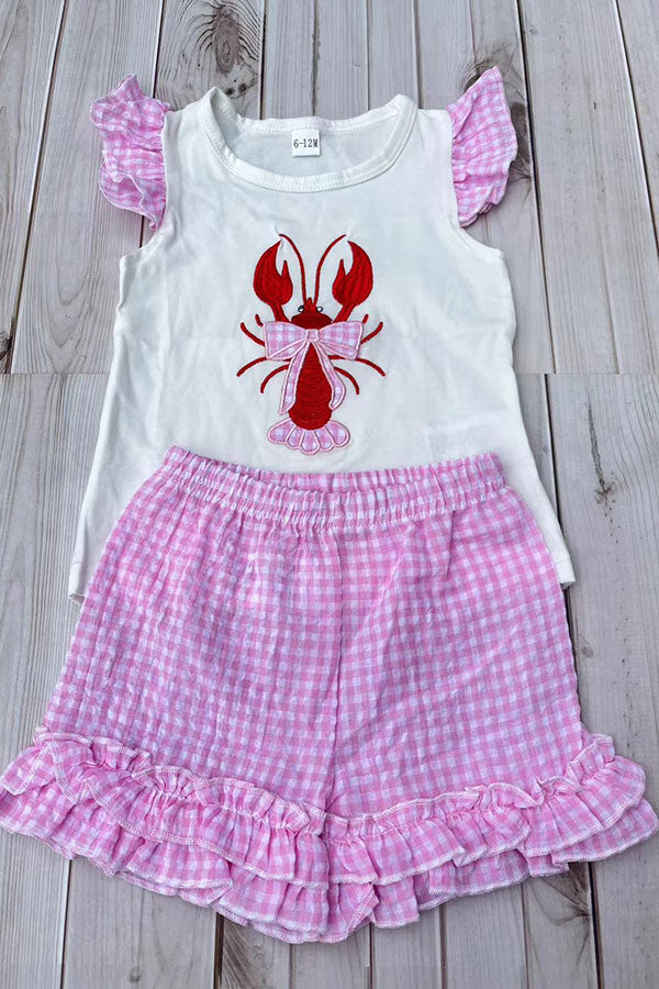 Trendy lobster embroidery top & ruffle shorts girls boutique set 2601073M