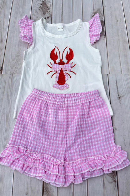 Trendy lobster embroidery top & ruffle shorts girls boutique set 2601073M