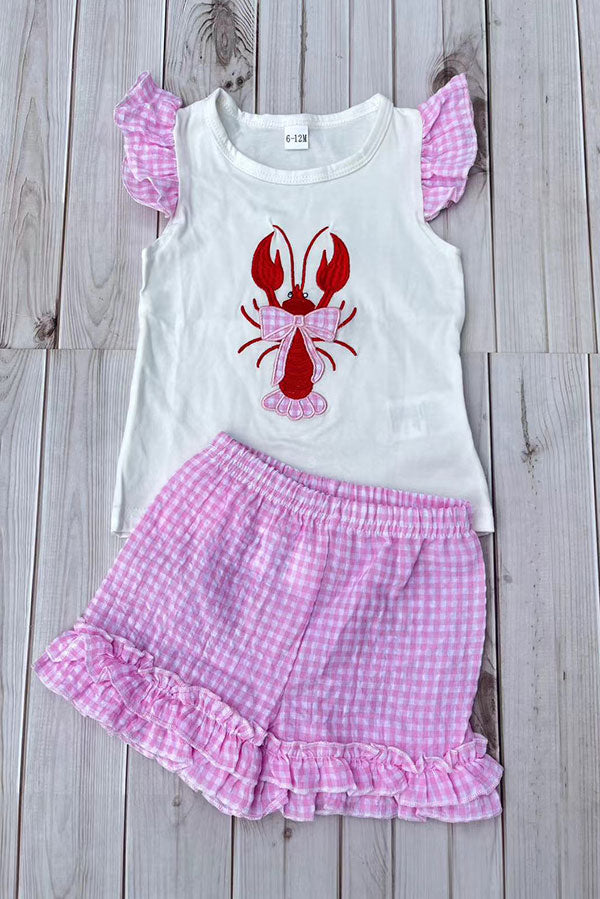 Trendy lobster embroidery top & ruffle shorts girls boutique set 2601073M