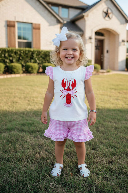 Trendy lobster embroidery top & ruffle shorts girls boutique set 2601073M