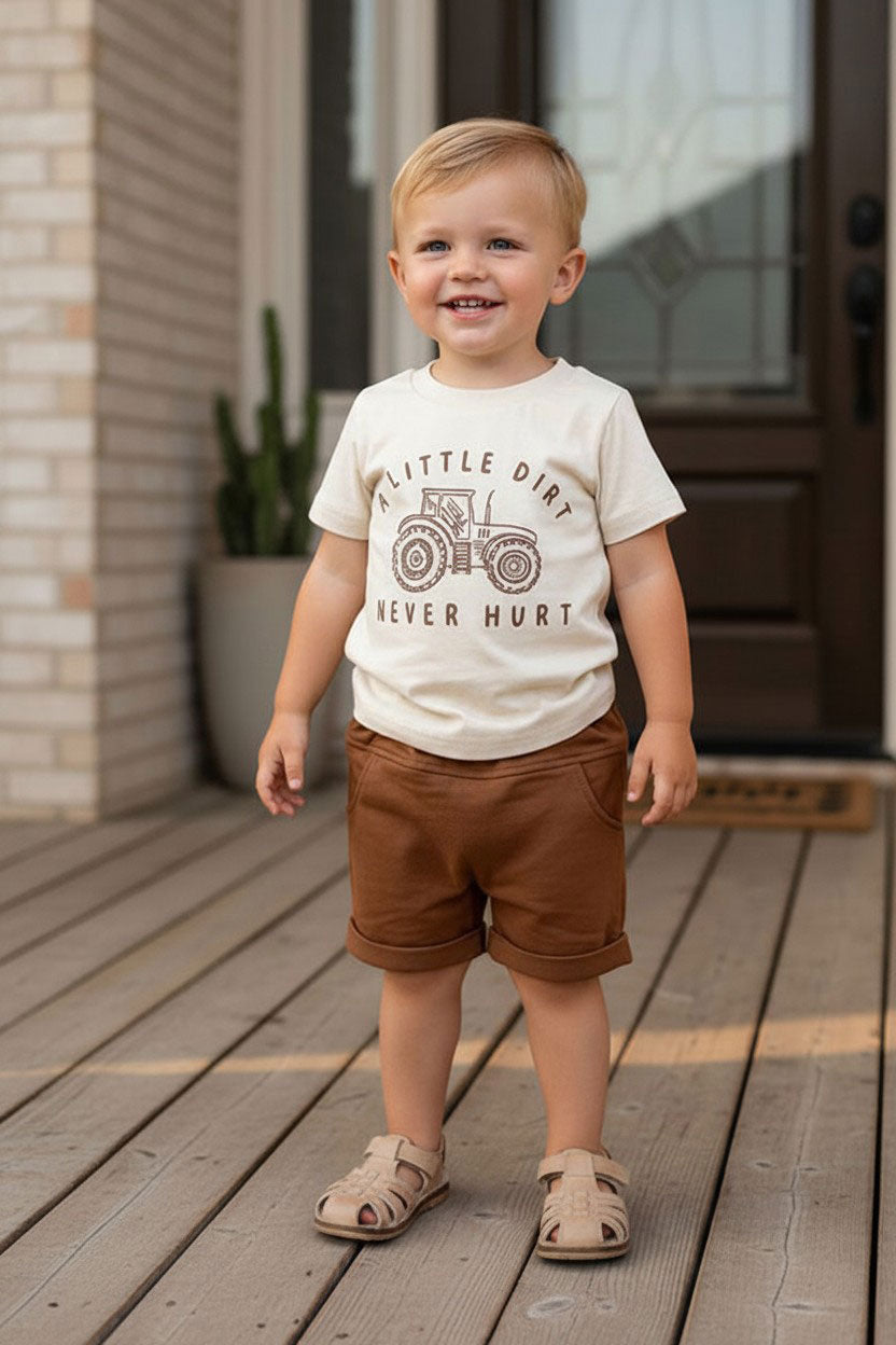 Western tractor print cream top & brown shorts 2pc boy's boutique set 2601076M