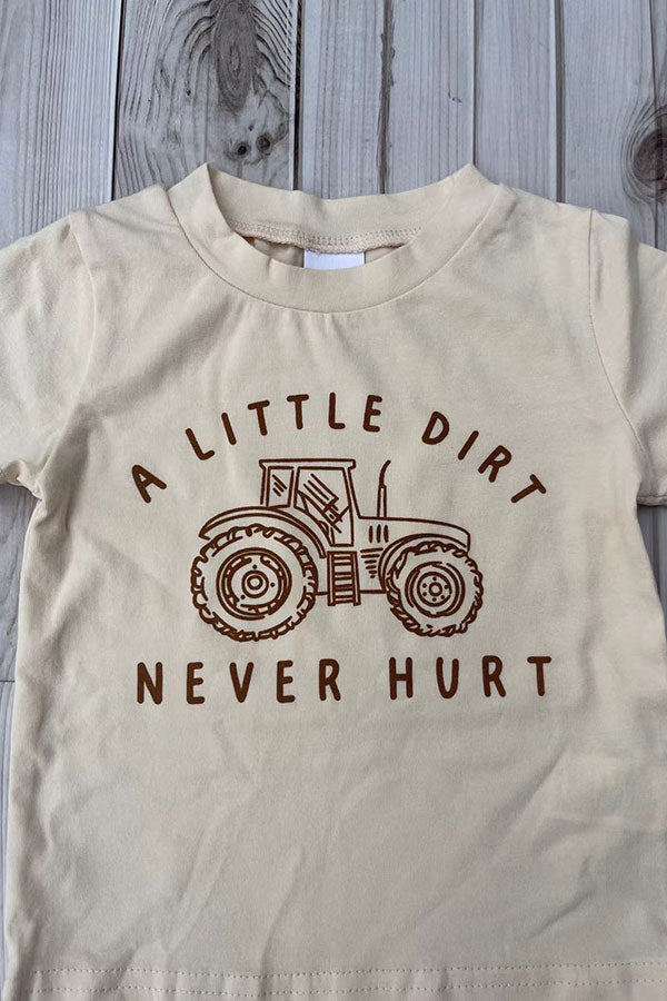 Western tractor print cream top & brown shorts 2pc boy's boutique set 2601076M