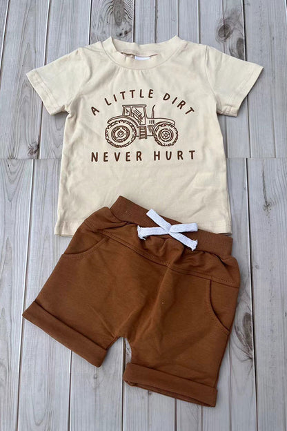 Western tractor print cream top & brown shorts 2pc boy's boutique set 2601076M