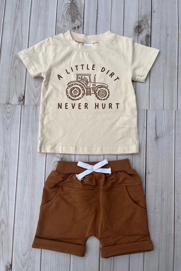 Western tractor print cream top & brown shorts 2pc boy's boutique set 2601076M