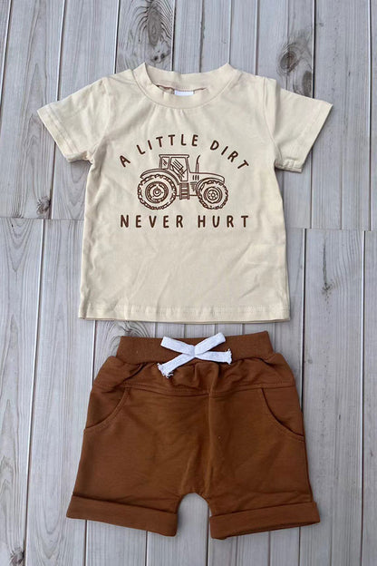 Western tractor print cream top & brown shorts 2pc boy's boutique set 2601076M