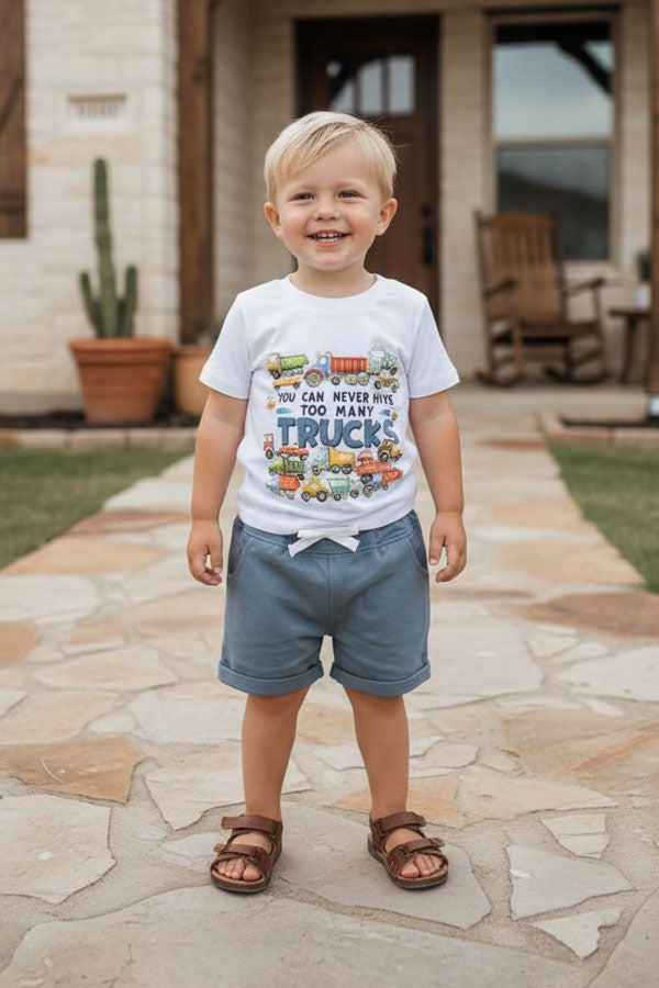 Western TRUCKS print white top & blue shorts 2pc boy's boutique set 2601078M