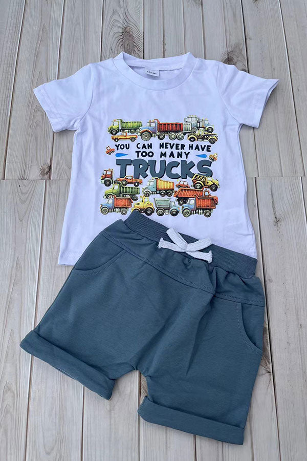 Western TRUCKS print white top & blue shorts 2pc boy's boutique set 2601078M