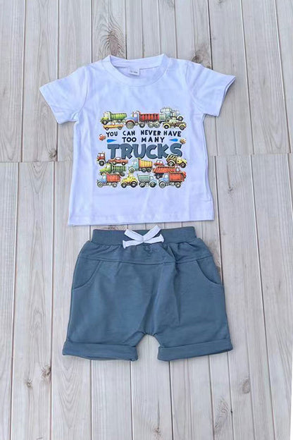 Western TRUCKS print white top & blue shorts 2pc boy's boutique set 2601078M