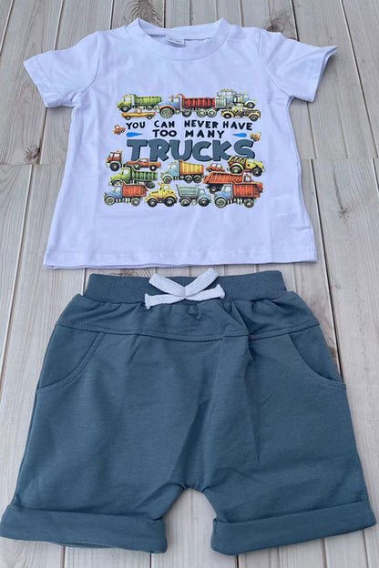 Western TRUCKS print white top & blue shorts 2pc boy's boutique set 2601078M