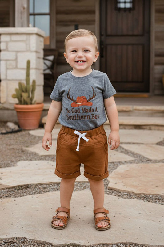 Southern boy hat embroidery top & brown shorts 2pc boy's boutique set 2601079M