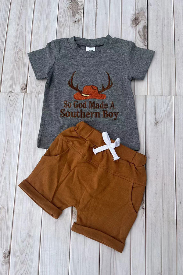Southern boy hat embroidery top & brown shorts 2pc boy's boutique set 2601079M