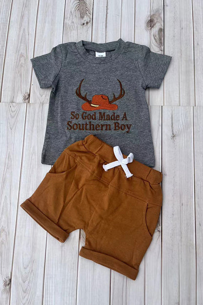 Southern boy hat embroidery top & brown shorts 2pc boy's boutique set 2601079M