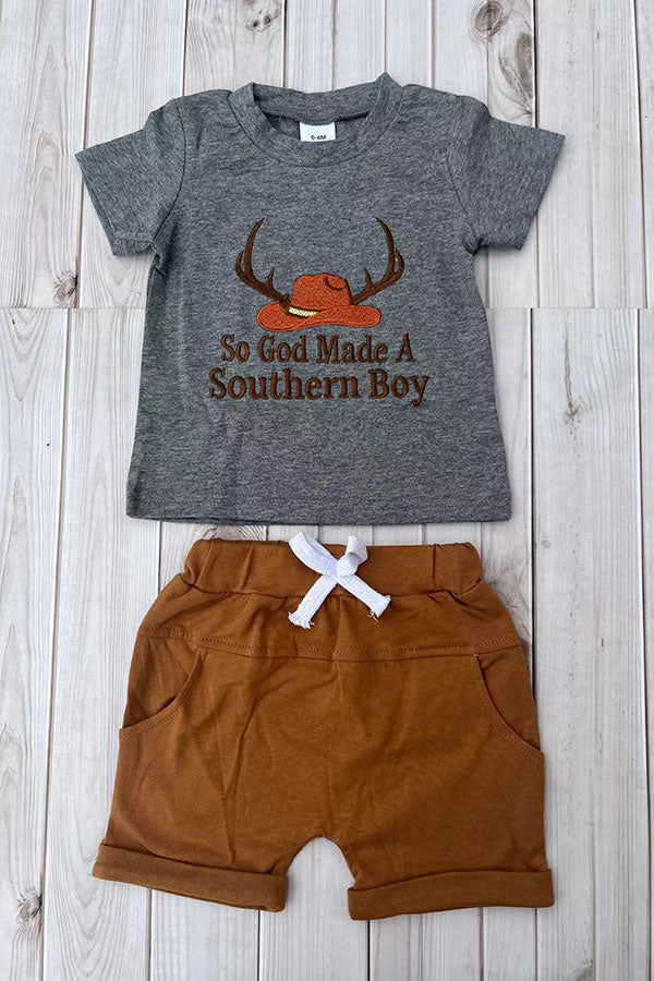 Southern boy hat embroidery top & brown shorts 2pc boy's boutique set 2601079M