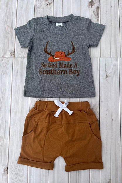 Southern boy hat embroidery top & brown shorts 2pc boy's boutique set 2601079M
