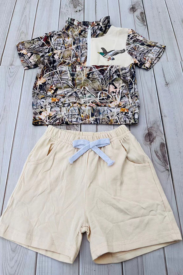 Western wild mallards embroidery top & cream shorts 2pc boy's boutique set 2601080M