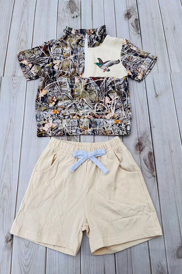 Western wild mallards embroidery top & cream shorts 2pc boy's boutique set 2601080M