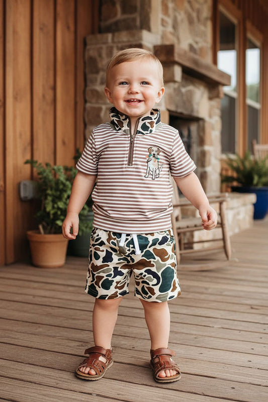 Western dog embroidery stripe top & camo shorts 2pc boy's boutique set 2601082M