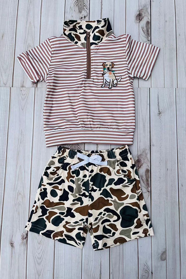 Western dog embroidery stripe top & camo shorts 2pc boy's boutique set 2601082M
