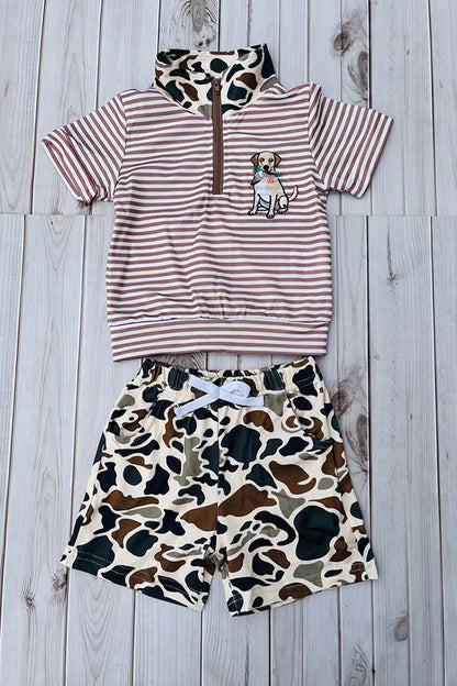 Western dog embroidery stripe top & camo shorts 2pc boy's boutique set 2601082M