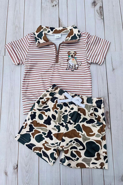 Western dog embroidery stripe top & camo shorts 2pc boy's boutique set 2601082M