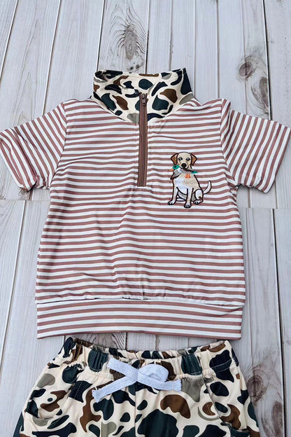 Western dog embroidery stripe top & camo shorts 2pc boy's boutique set 2601082M