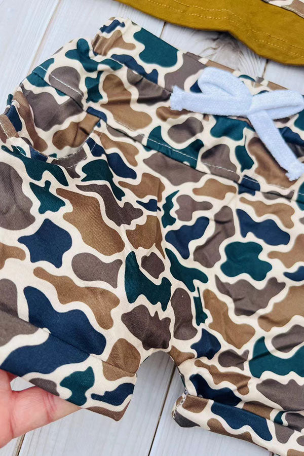 Western deer embroidery top & camo shorts 2pc boy's boutique set 2601083M