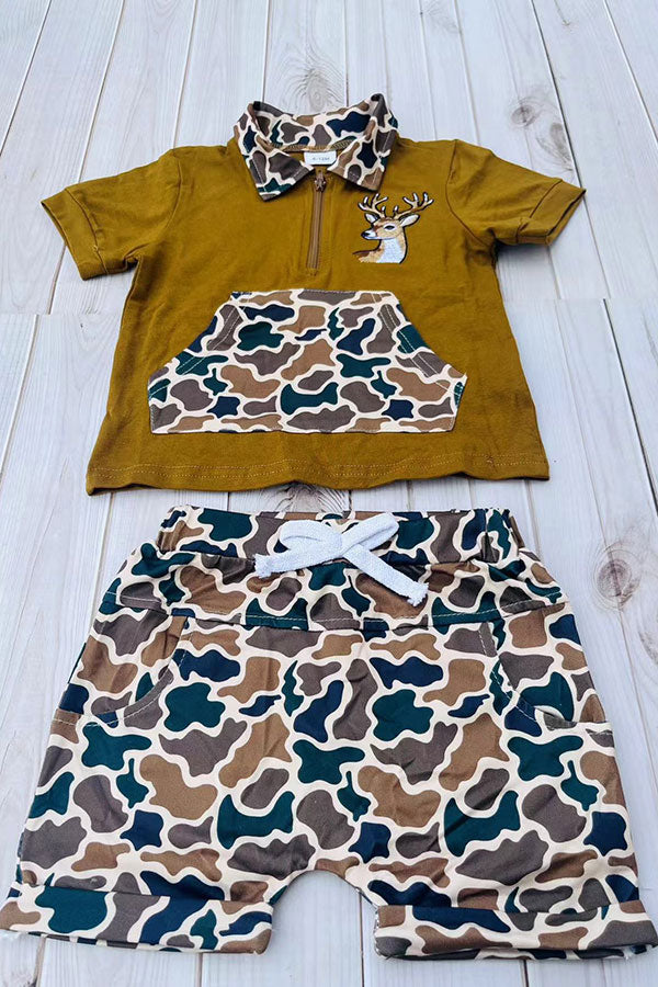 Western deer embroidery top & camo shorts 2pc boy's boutique set 2601083M