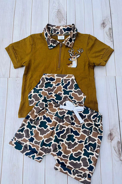 Western deer embroidery top & camo shorts 2pc boy's boutique set 2601083M