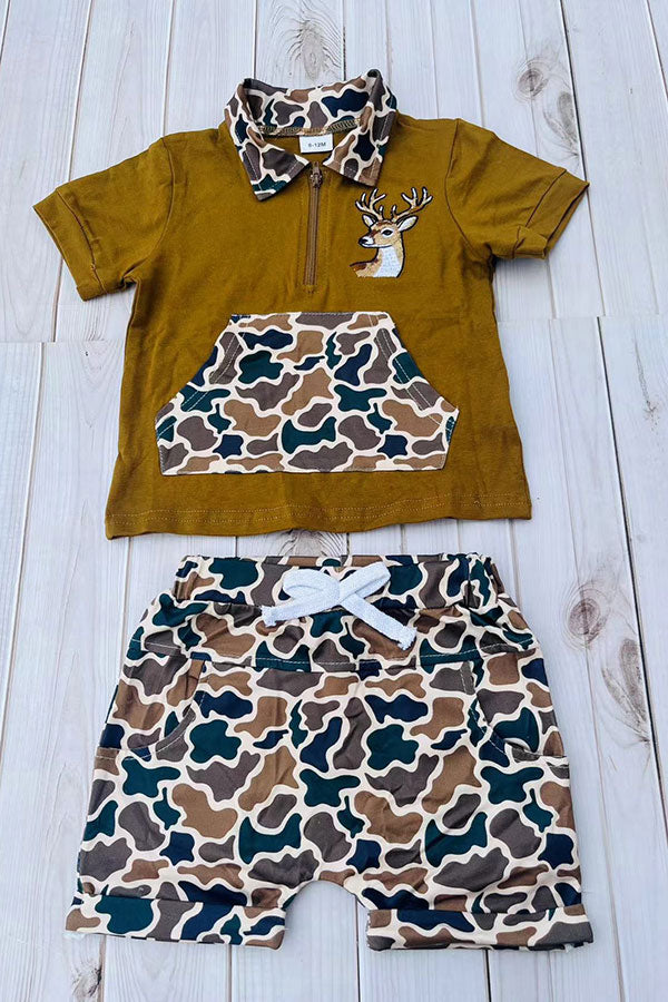 Western deer embroidery top & camo shorts 2pc boy's boutique set 2601083M