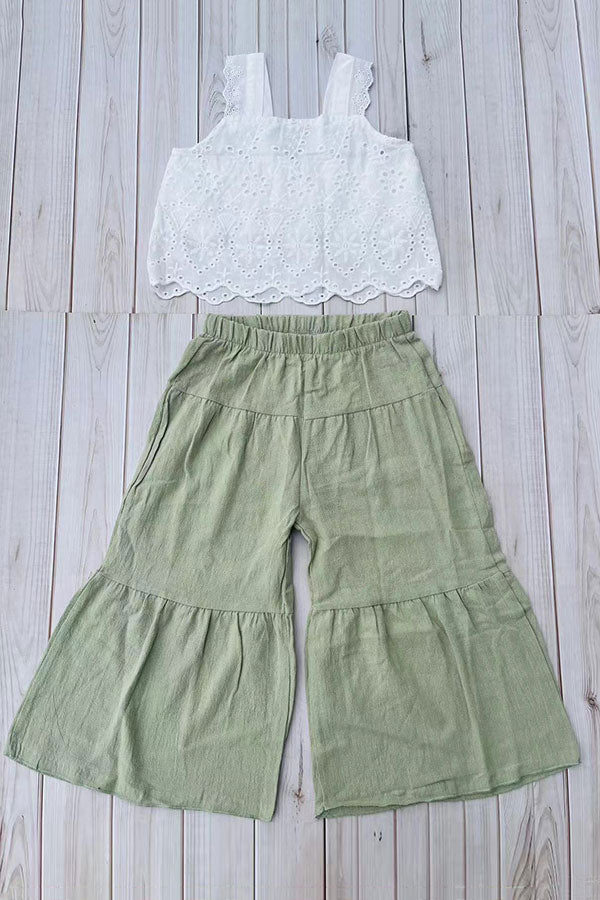 Trendy crop top & tiered ruffle wide leg pant girls boutique set 2601084M
