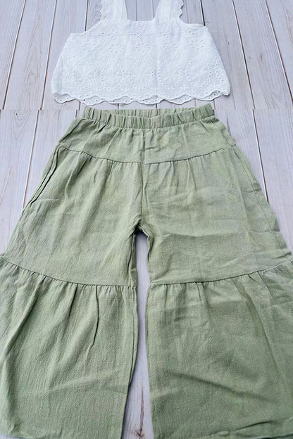Trendy crop top & tiered ruffle wide leg pant girls boutique set 2601084M