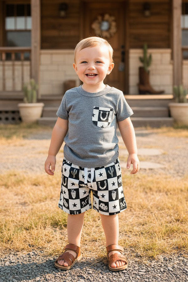 Western cowboy grey top & shorts 2pc boy's boutique set 2601082M