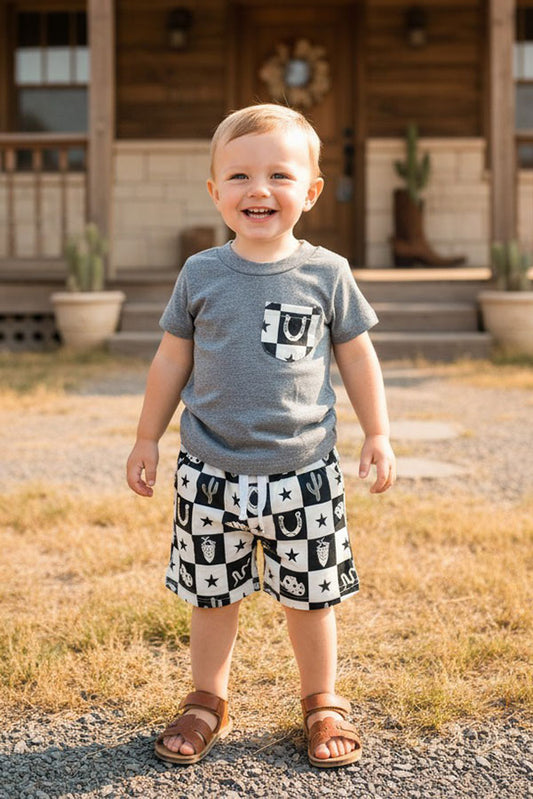 Western cowboy grey top & shorts 2pc boy's boutique set 2601082M