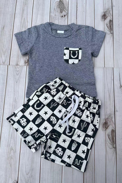 Western cowboy grey top & shorts 2pc boy's boutique set 2601082M
