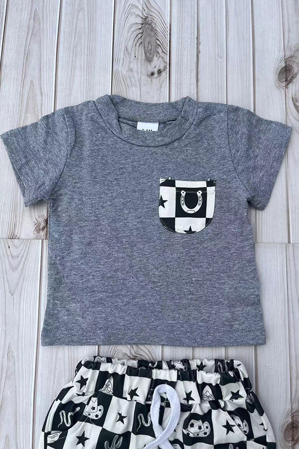 Western cowboy grey top & shorts 2pc boy's boutique set 2601082M