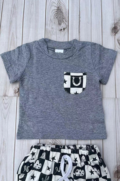 Western cowboy grey top & shorts 2pc boy's boutique set 2601082M