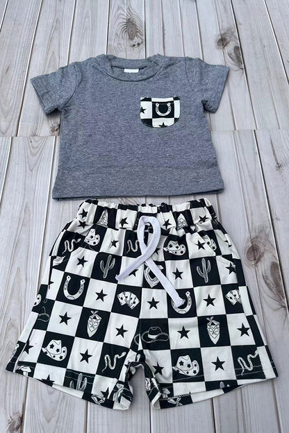 Western cowboy grey top & shorts 2pc boy's boutique set 2601082M