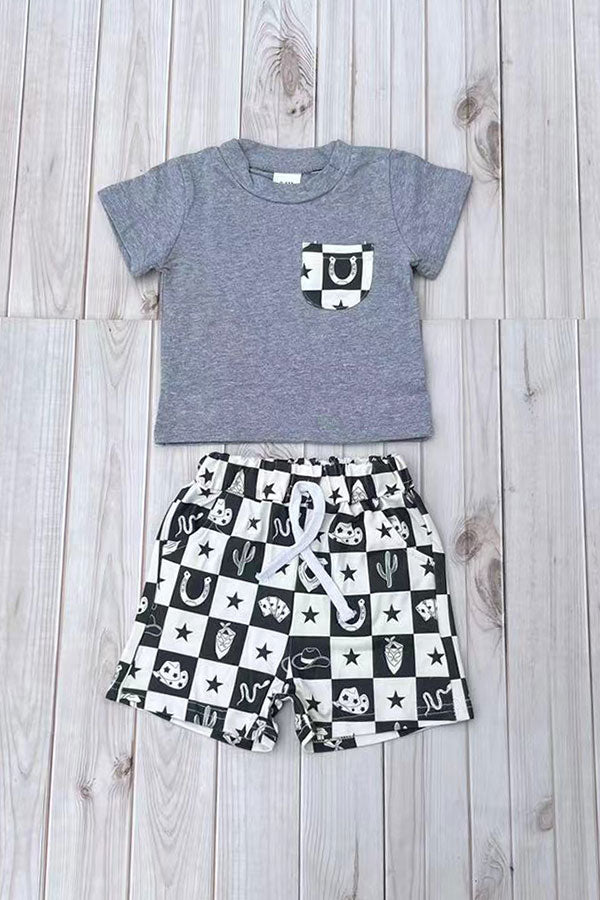 Western cowboy grey top & shorts 2pc boy's boutique set 2601082M