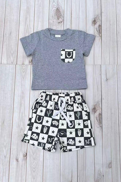 Western cowboy grey top & shorts 2pc boy's boutique set 2601082M