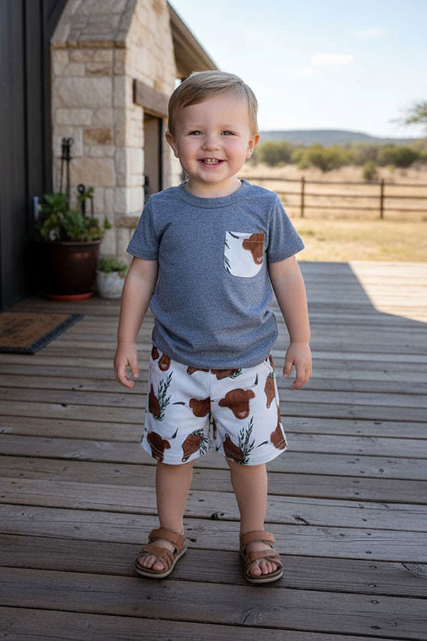 Western ranch grey top & cows print shorts 2pc boy's boutique set 2601086M